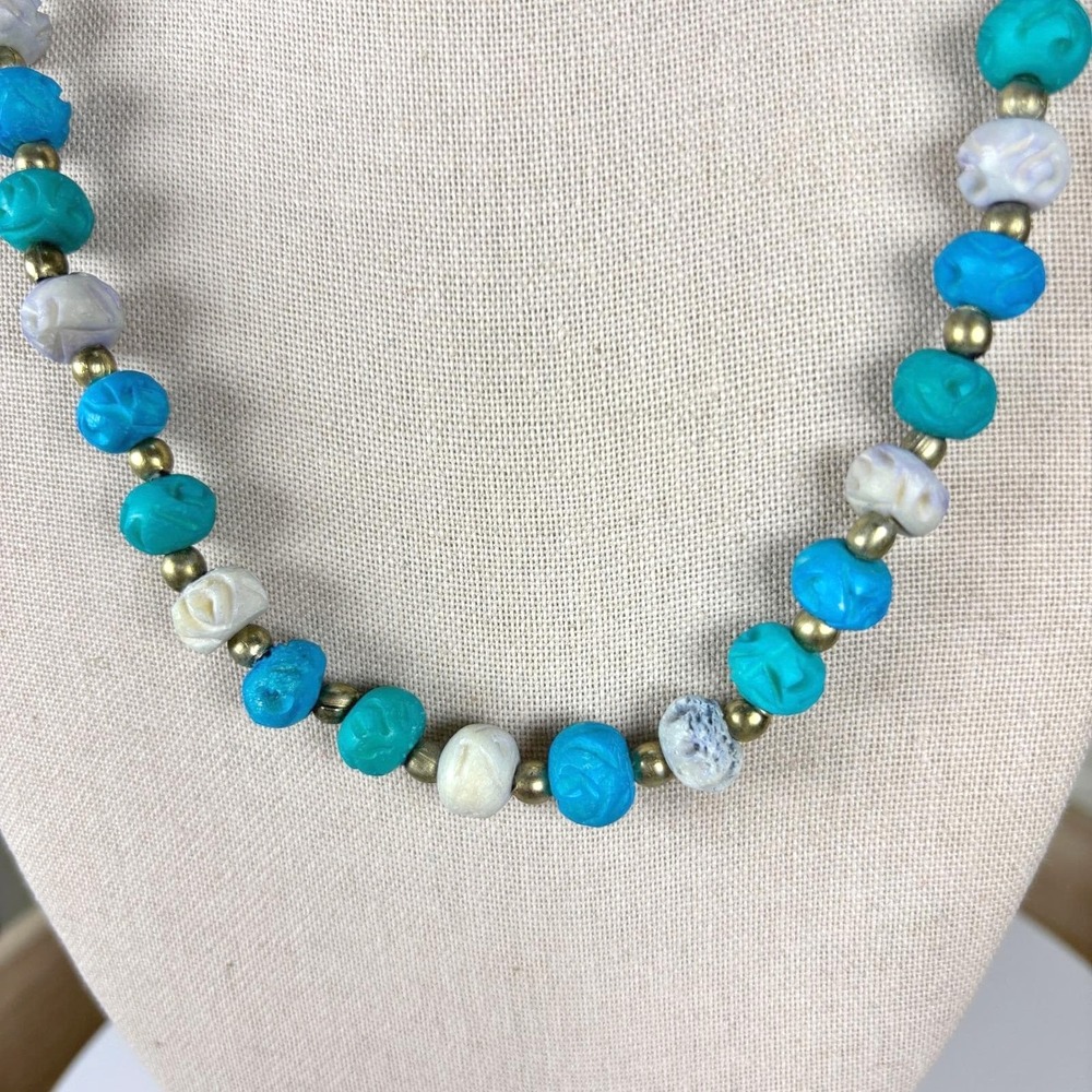 Boho Carved Turquoise Beads Paired with Complementary Colored Gemstones Necklace - Picture 3 of 3